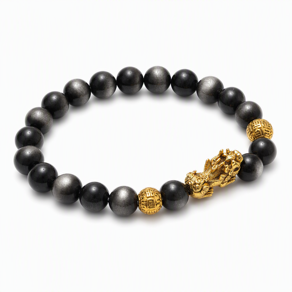 Silver Sheen Obsidian Pixiu & Gold Ball Bracelet 银曜石 貔貅 招财守护 - Silver Fortune 银曜守财