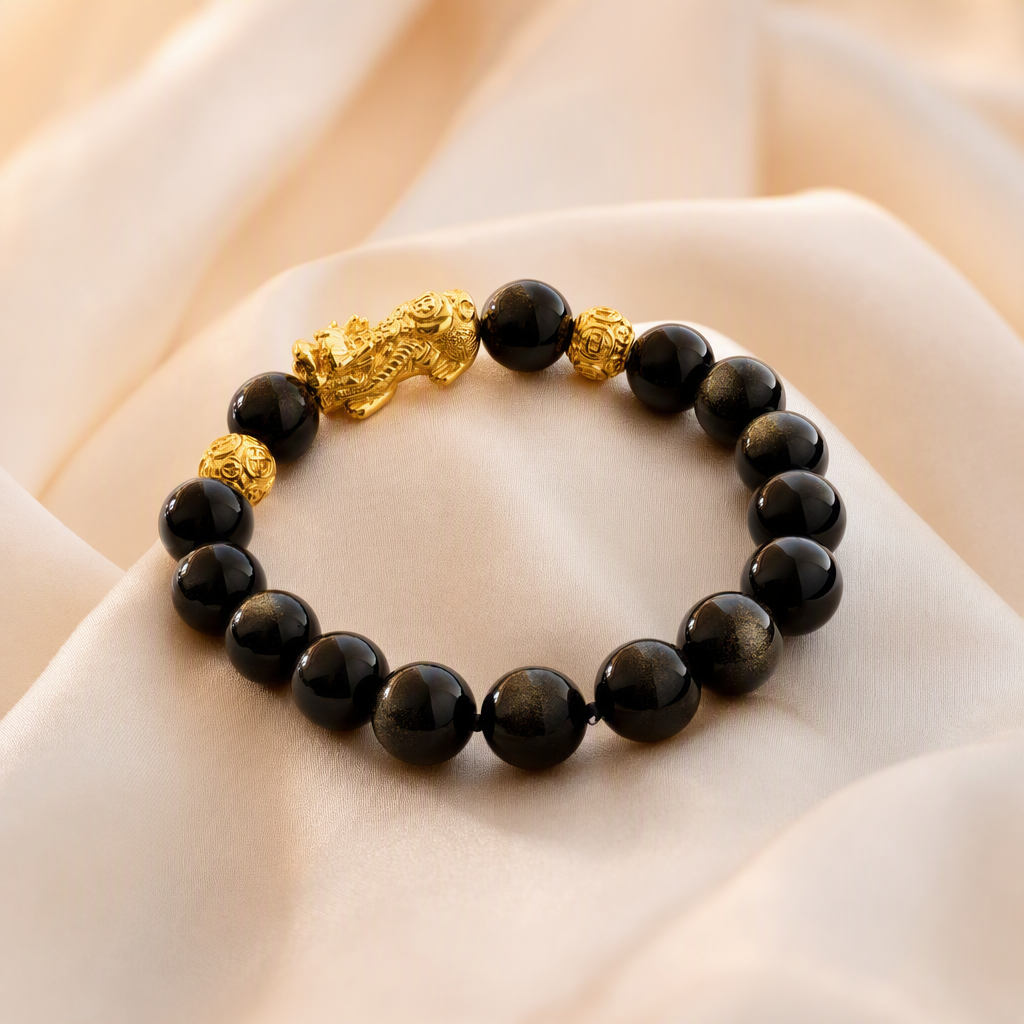 Golden Obsidian Pixiu & Gold Ball Bracelet 金曜石 貔貅 招财守护 - Golden Guardian 金曜守财