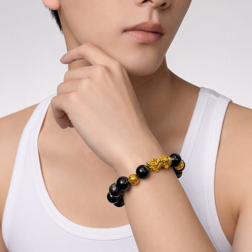 Golden Obsidian Pixiu & Gold Ball Bracelet 金曜石 貔貅 招财守护 - Golden Guardian 金曜守财