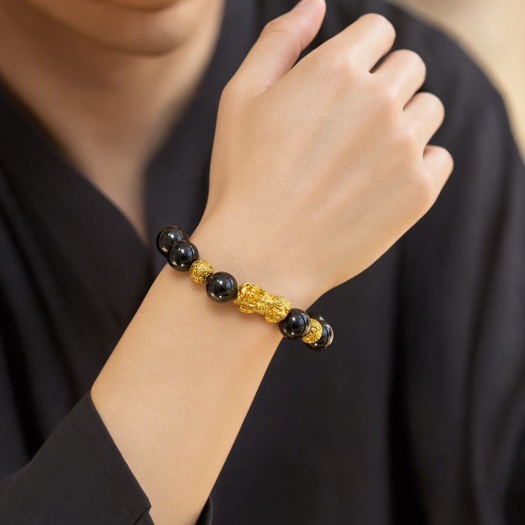 Golden Obsidian Pixiu & Gold Ball Bracelet 金曜石 貔貅 招财守护 - Golden Guardian 金曜守财