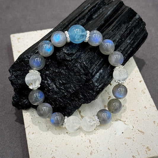 Aquamarine, Grey Moonstone, White Phantom Quartz & S925 Silver Bracelet - Ocean Whisper