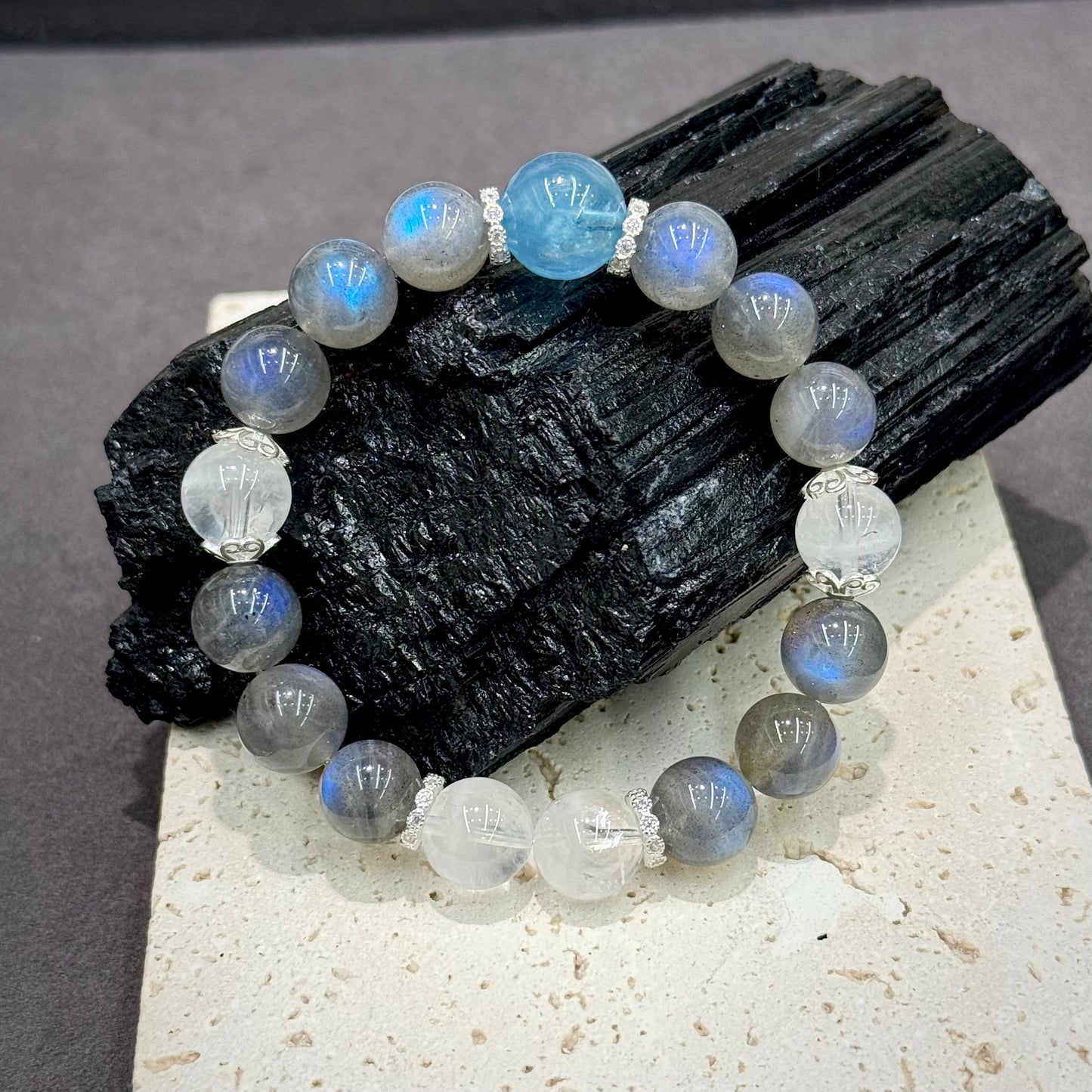 Aquamarine, Grey Moonstone, White Phantom Quartz & S925 Silver Bracelet - Ocean Whisper