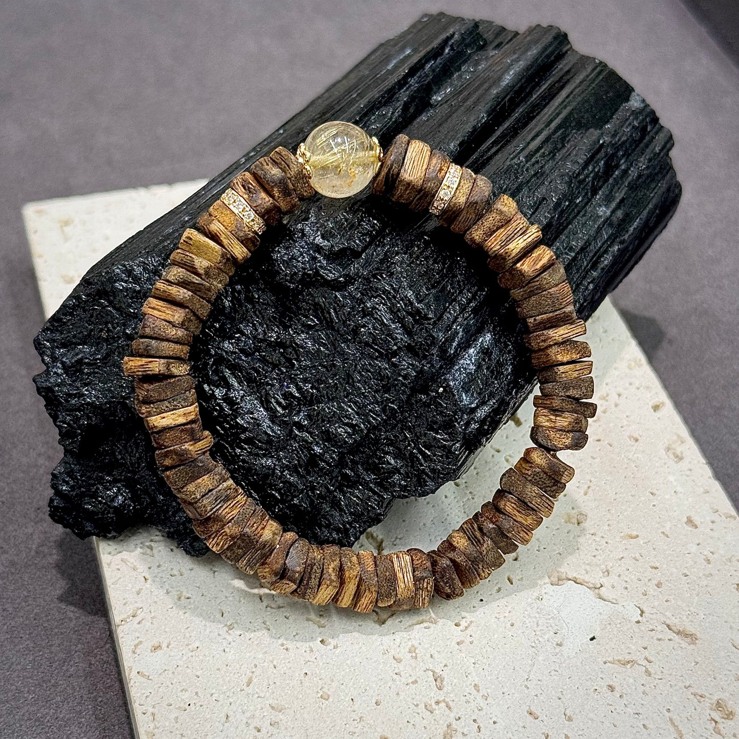 Agarwood, Golden Rutilated Quartz & S925 Silver Bracelet - Wealth & Grounding