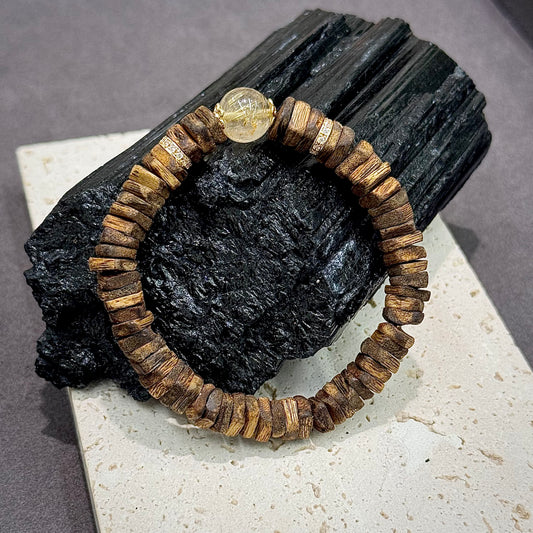 Agarwood, Golden Rutilated Quartz & S925 Silver Bracelet - Wealth & Grounding