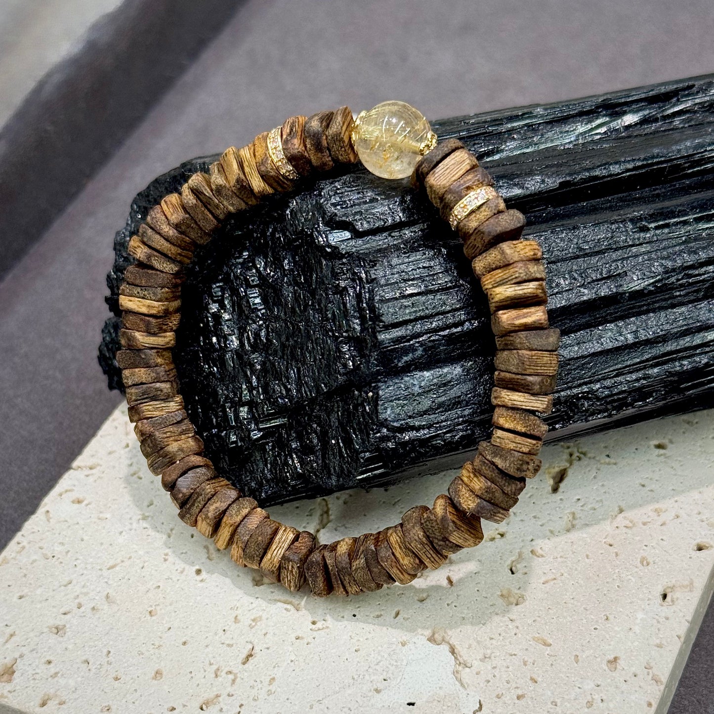 Agarwood, Golden Rutilated Quartz & S925 Silver Bracelet - Wealth & Grounding