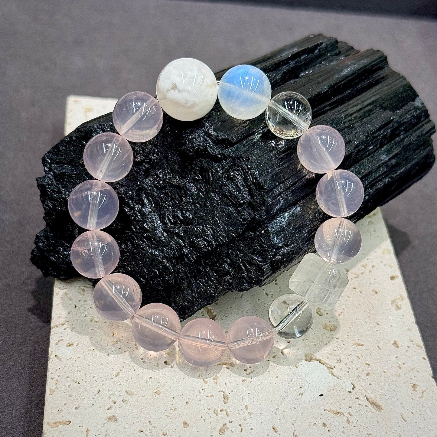 Rose Quartz, Snow Phantom Quartz & Blue Moonstone Multi-gem Bracelet - Harmony, Love & Clarity