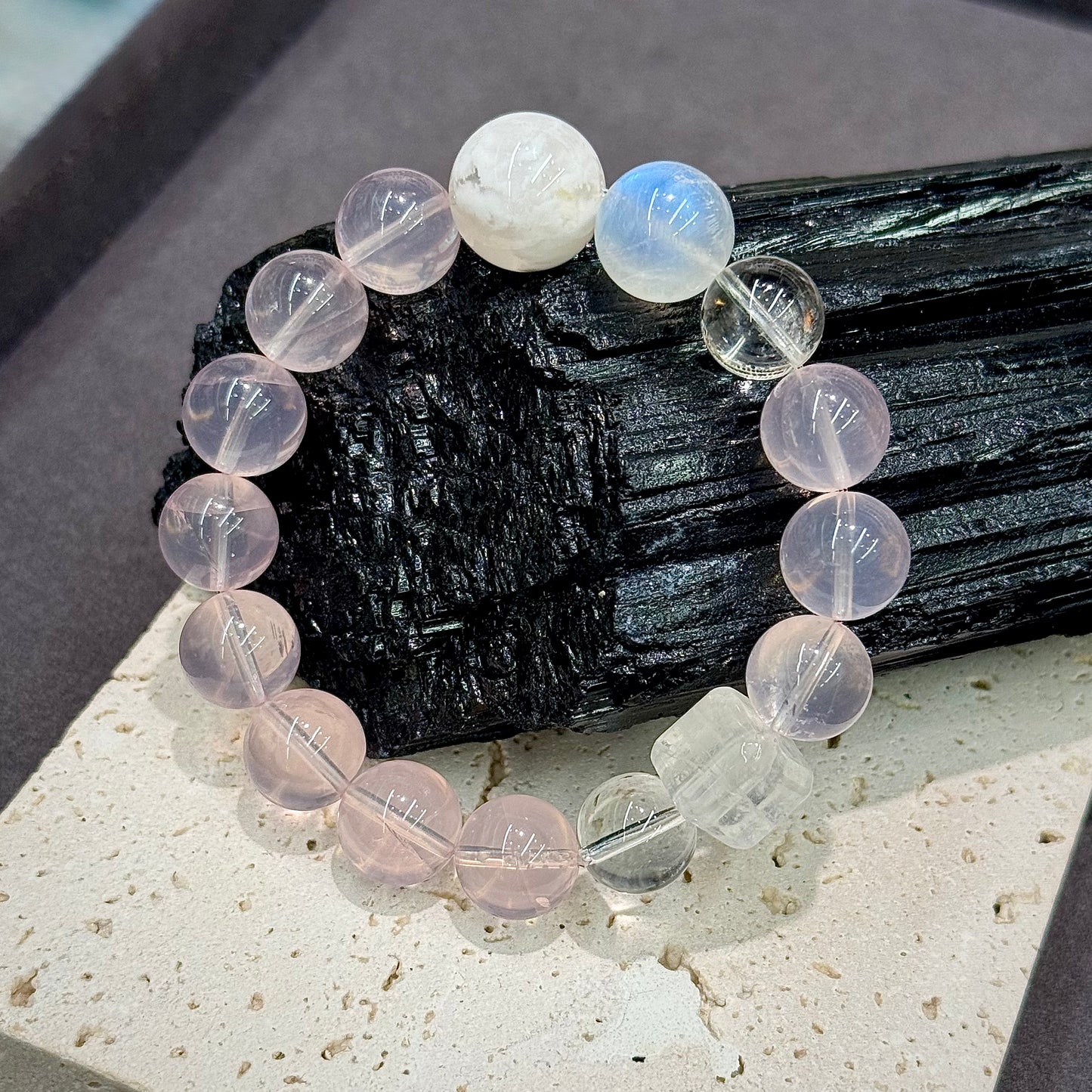 Rose Quartz, Snow Phantom Quartz & Blue Moonstone Multi-gem Bracelet - Harmony, Love & Clarity