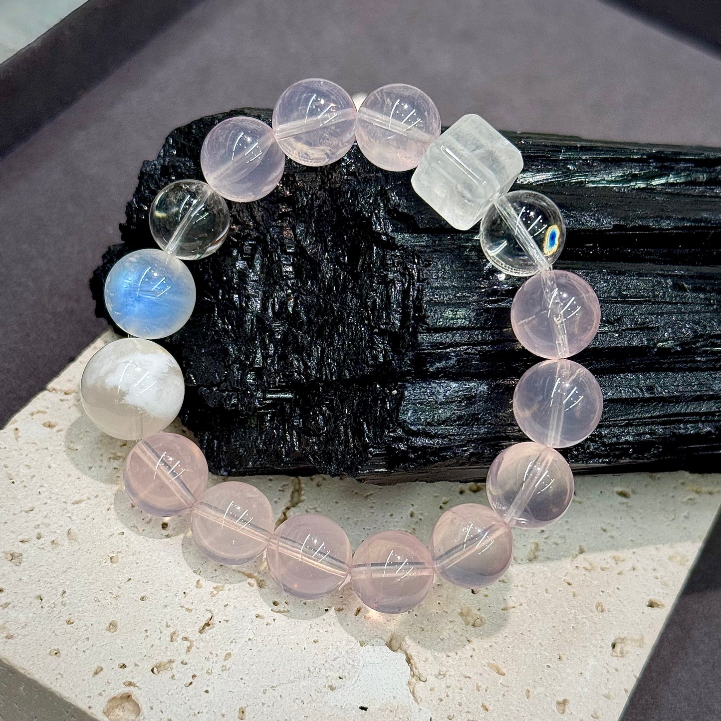Rose Quartz, Snow Phantom Quartz & Blue Moonstone Multi-gem Bracelet - Harmony, Love & Clarity