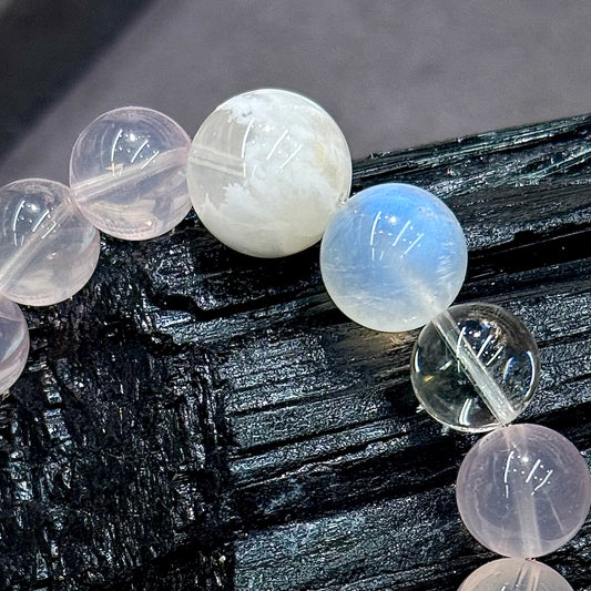 Rose Quartz, Snow Phantom Quartz & Blue Moonstone Multi-gem Bracelet - Harmony, Love & Clarity