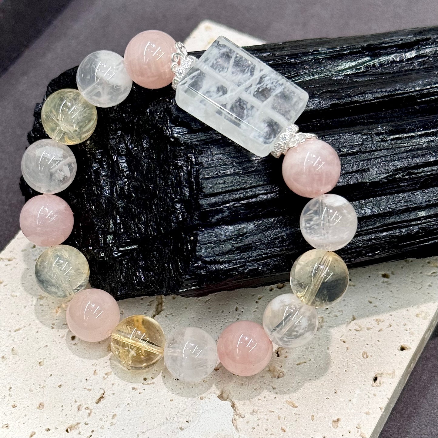 Snow Phantom Quartz, Rose Quartz & Citrine Bracelet -