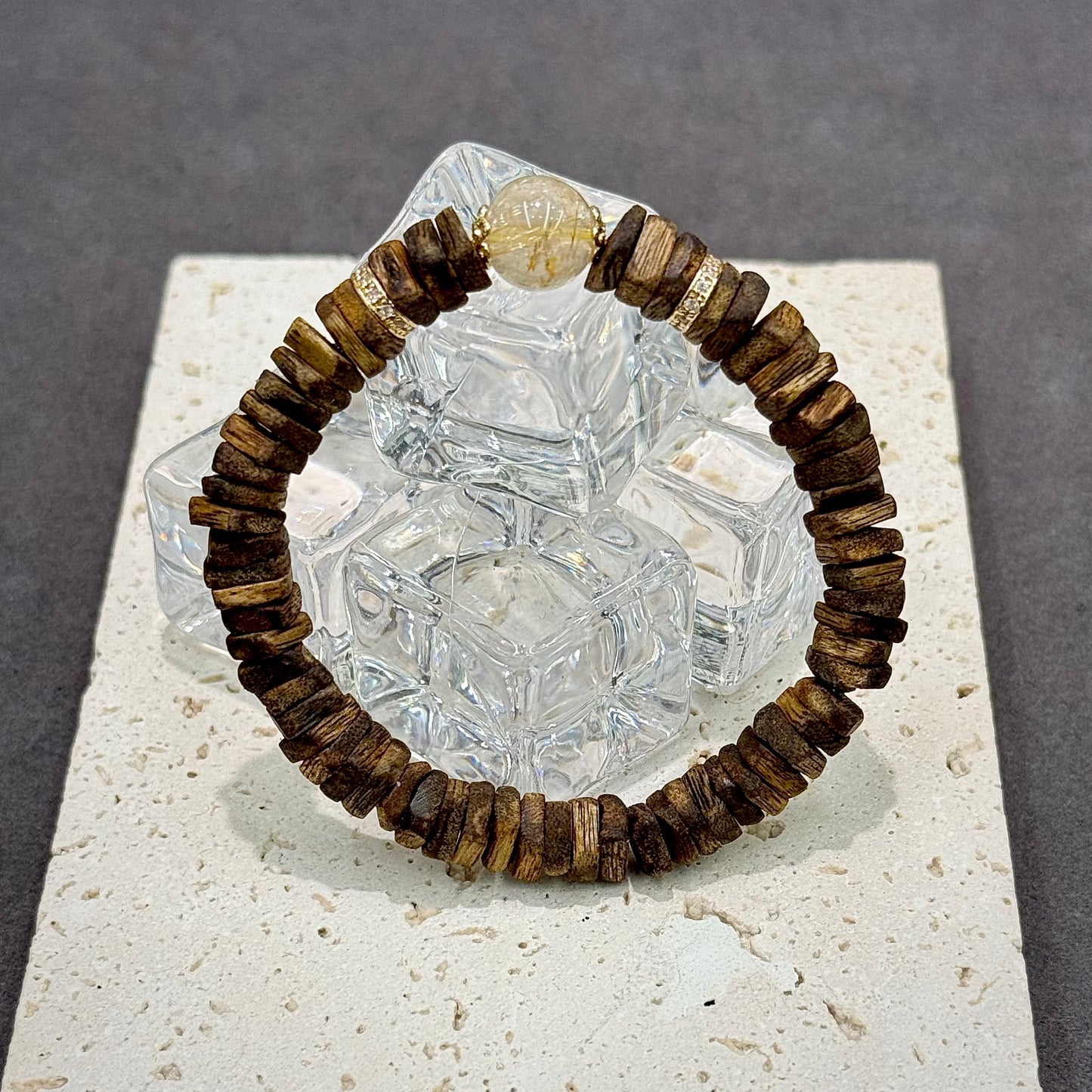 Agarwood, Golden Rutilated Quartz & S925 Silver Bracelet - Wealth & Grounding