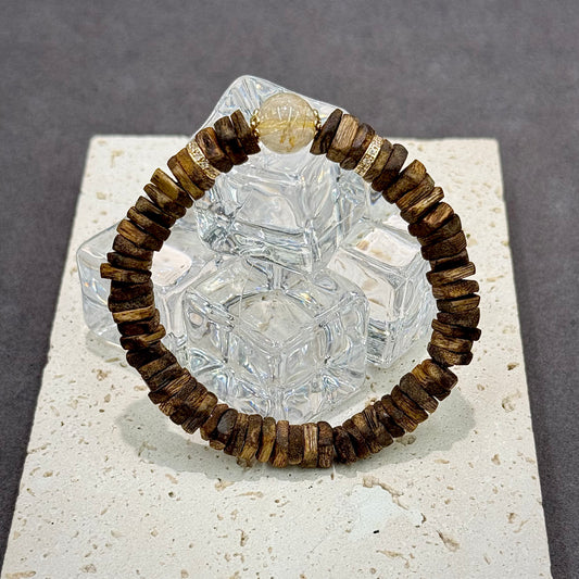 Agarwood, Golden Rutilated Quartz & S925 Silver Bracelet - Wealth & Grounding
