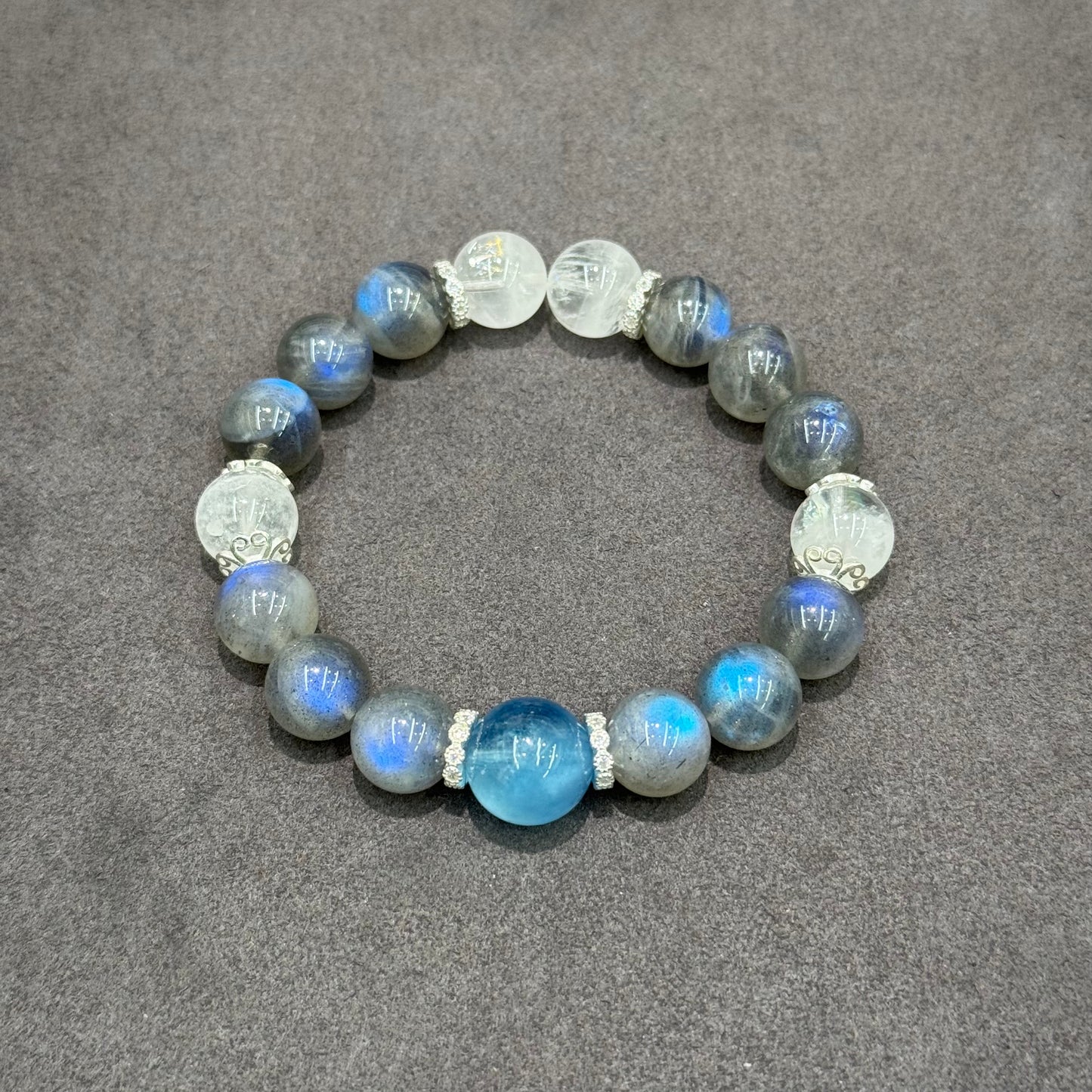 Aquamarine, Grey Moonstone, White Phantom Quartz & S925 Silver Bracelet - Ocean Whisper
