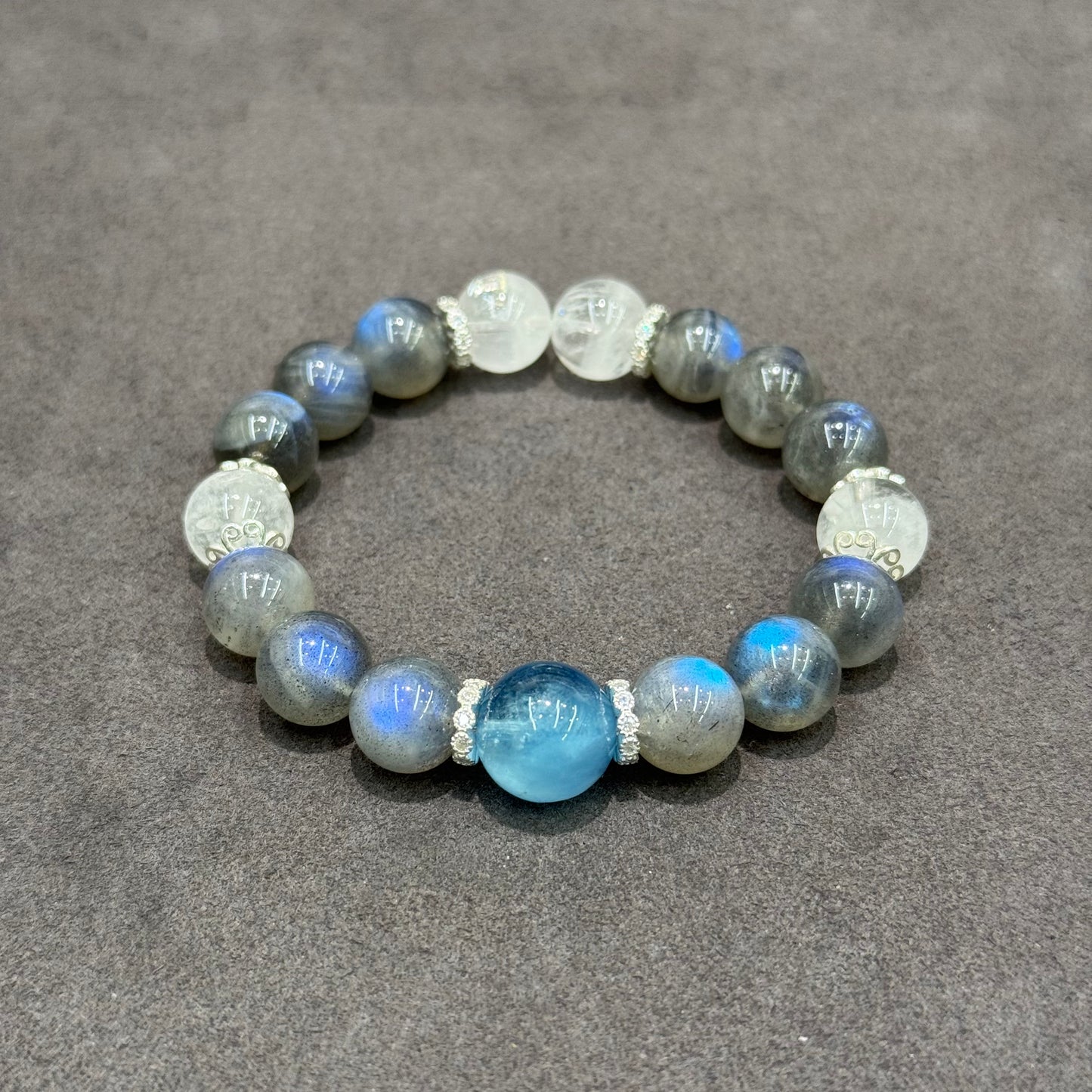 Aquamarine, Grey Moonstone, White Phantom Quartz & S925 Silver Bracelet - Ocean Whisper