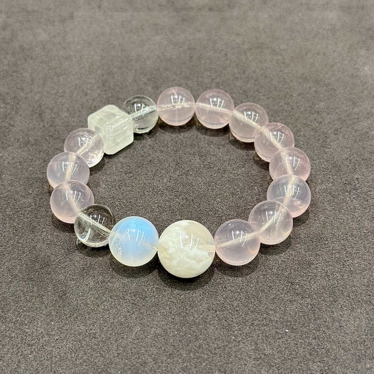 Rose Quartz, Snow Phantom Quartz & Blue Moonstone Multi-gem Bracelet - Harmony, Love & Clarity