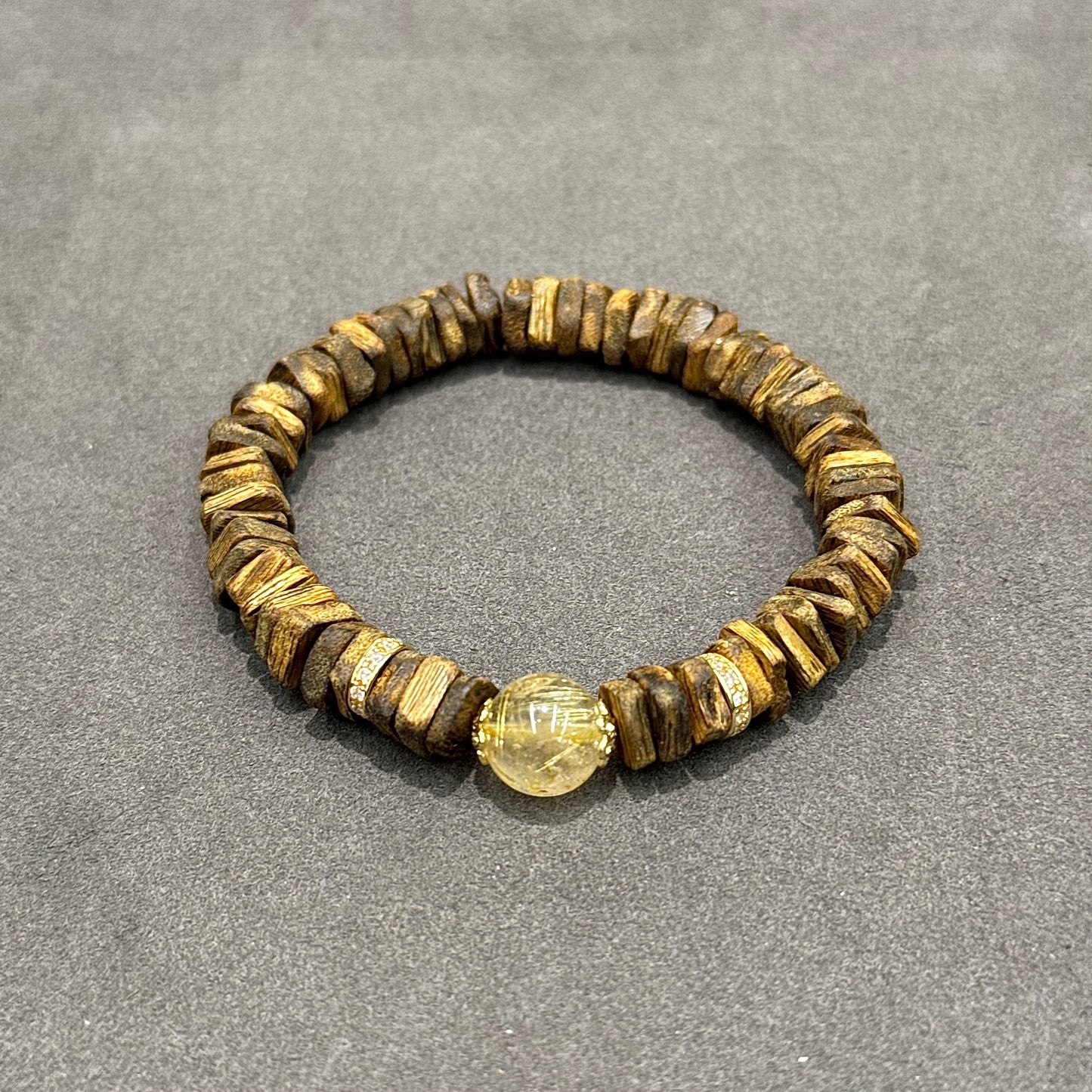 Agarwood, Golden Rutilated Quartz & S925 Silver Bracelet - Wealth & Grounding