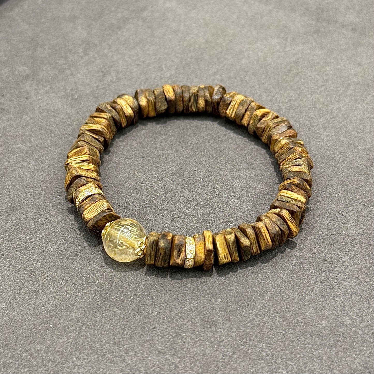 Agarwood, Golden Rutilated Quartz & S925 Silver Bracelet - Wealth & Grounding