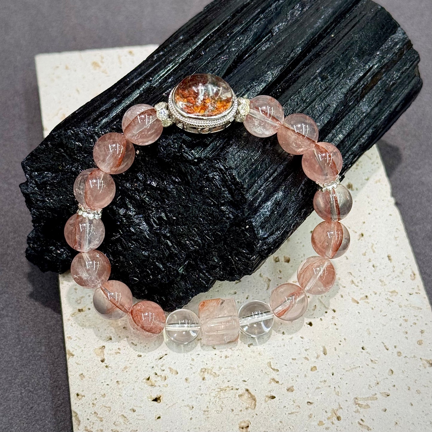Red Phantom Quartz, Red Hematoid Quartz & Clear Quartz Bracelet - Autumn Garden