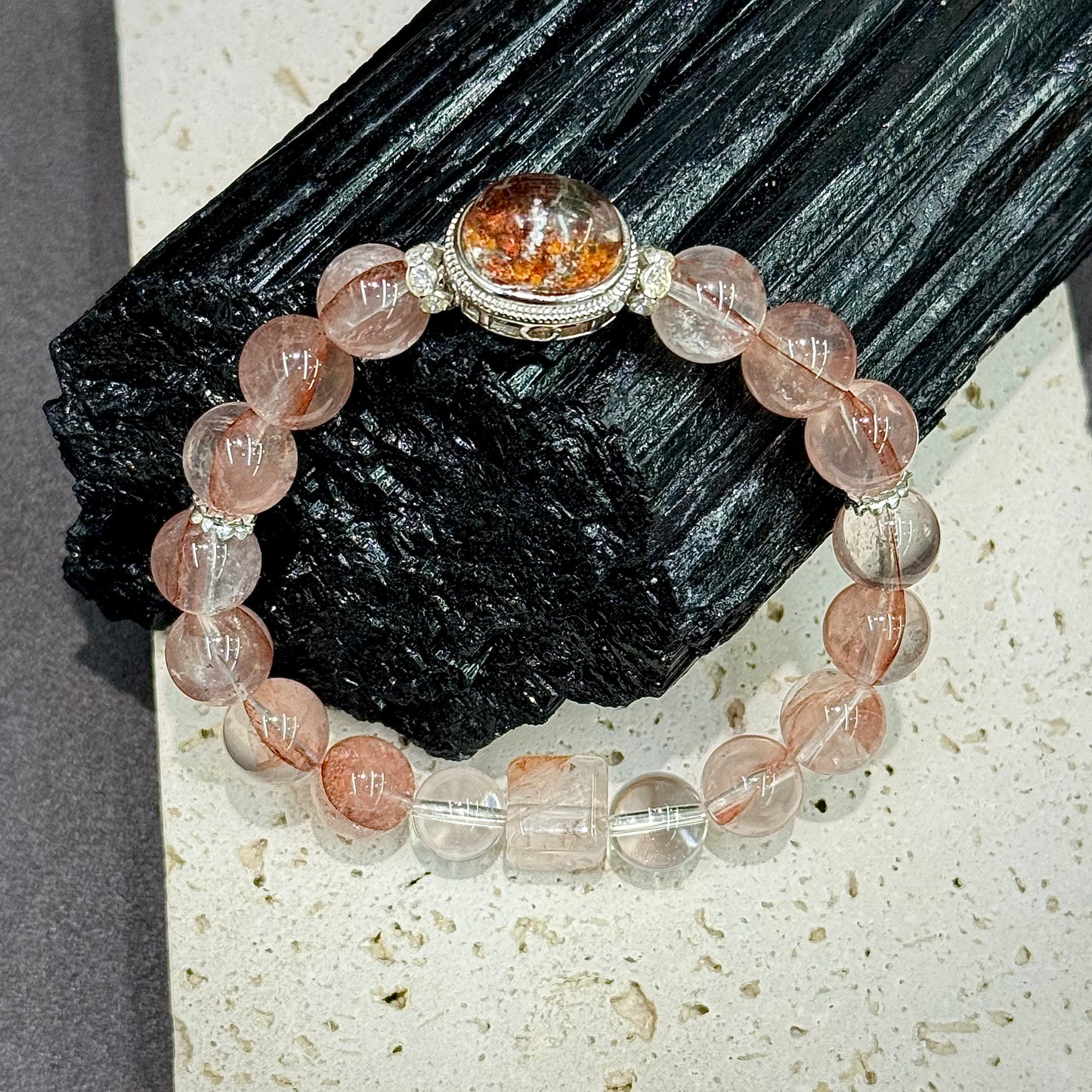 Red Phantom Quartz, Red Hematoid Quartz & Clear Quartz Bracelet - Autumn Garden