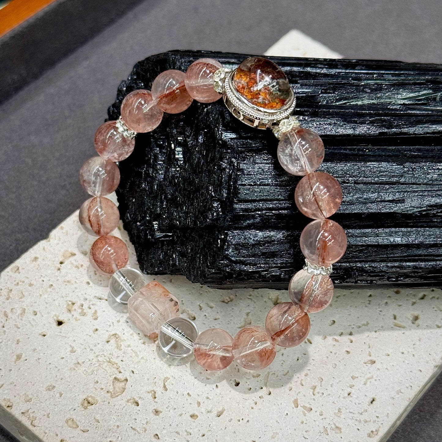Red Phantom Quartz, Red Hematoid Quartz & Clear Quartz Bracelet - Autumn Garden