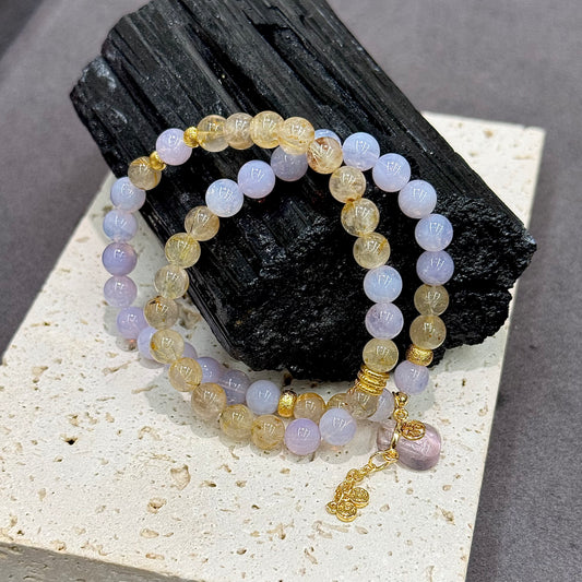 Golden Rutilated Quartz, Purple Jade Quartz & Amethyst Bracelet - Fortune Bag