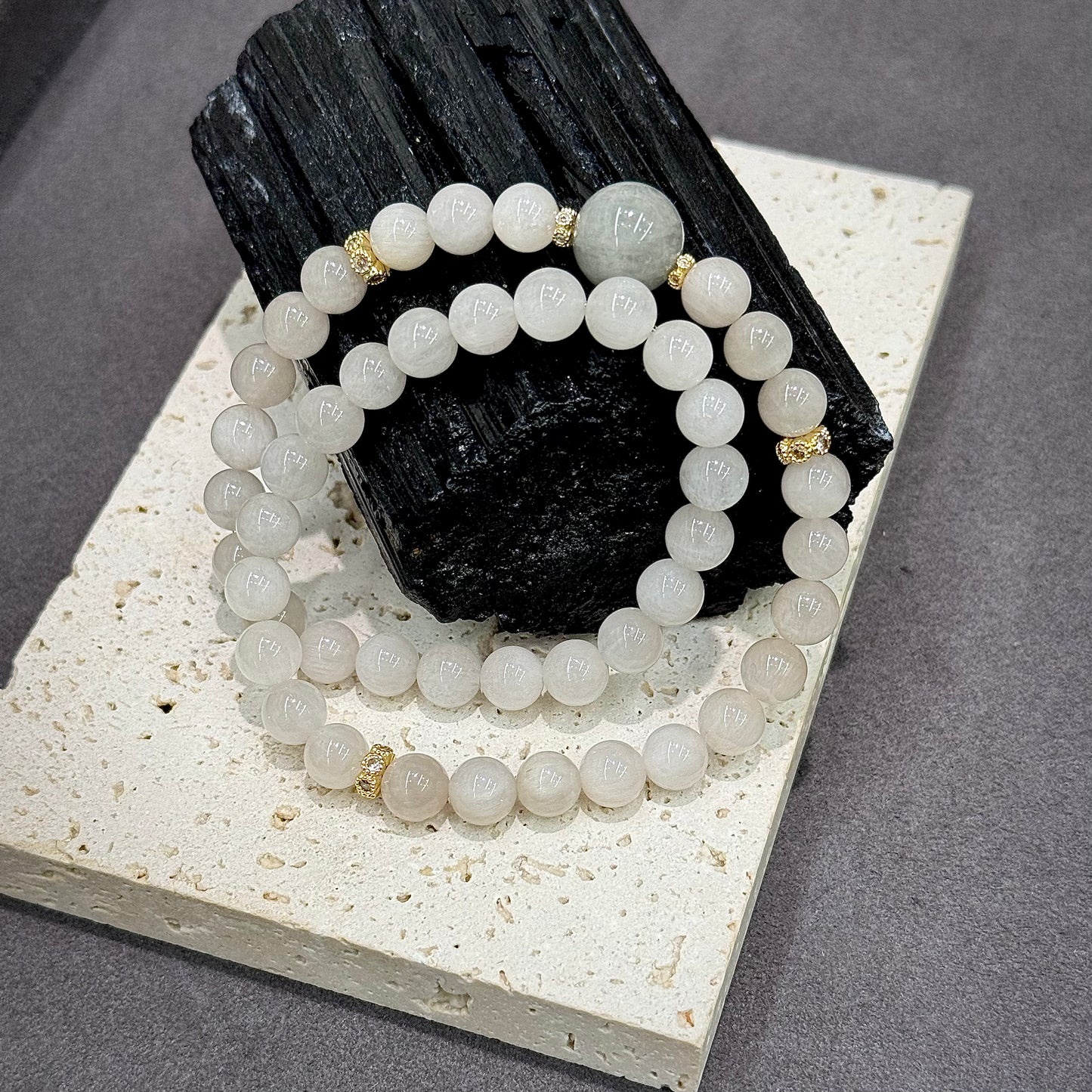 White & Grey Rabbit Hair Quartz Bracelet - Silver Whisper · Calm & Protection