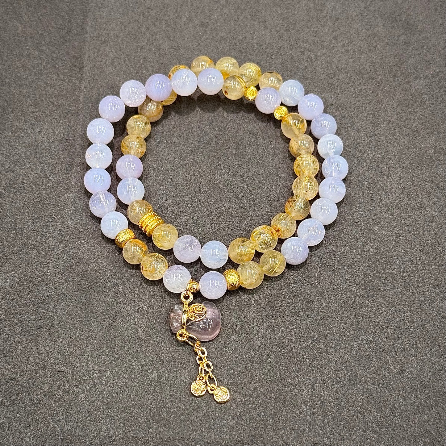 Golden Rutilated Quartz, Purple Jade Quartz & Amethyst Bracelet - Fortune Bag