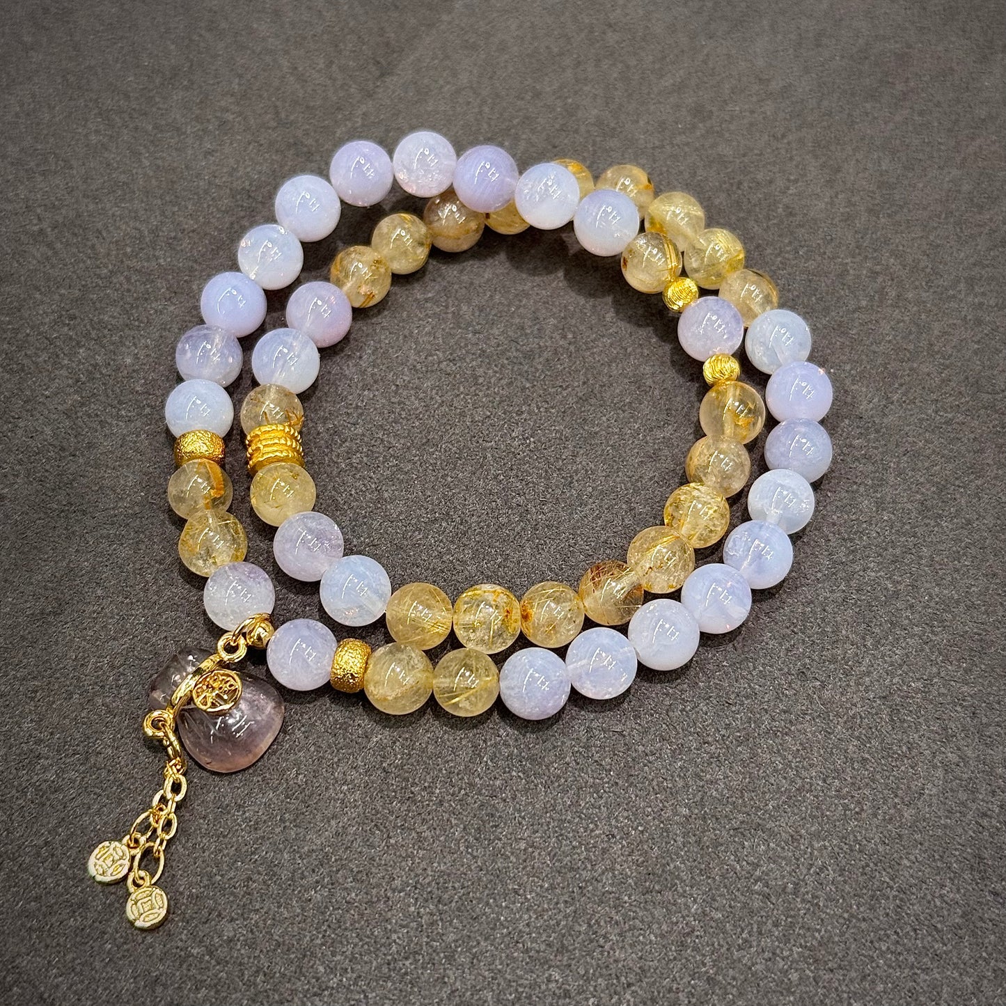Golden Rutilated Quartz, Purple Jade Quartz & Amethyst Bracelet - Fortune Bag