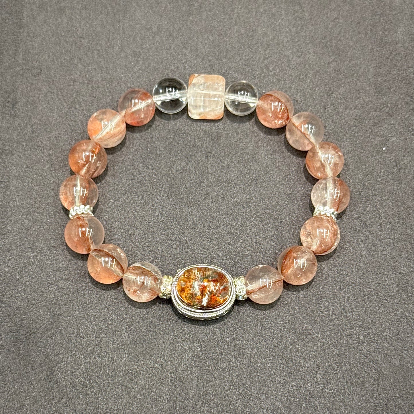 Red Phantom Quartz, Red Hematoid Quartz & Clear Quartz Bracelet - Autumn Garden