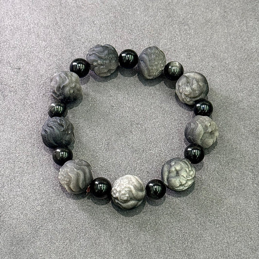 Silver Sheen Obsidian Nine-Tailed Fox Bracelet 银曜石九尾狐球 - Moonlit Fox 银月灵狐