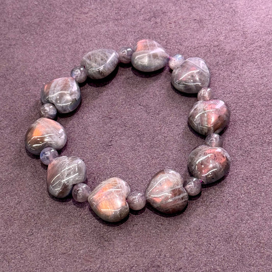 Pink Grey Moonstone Heart Bracelet 粉紫拉长石 - Blushing Moon 心月