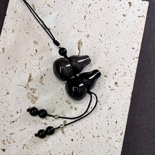 Silver Sheen Obsidian Gourd Pair 银曜石葫芦 - Twin Blessings 银月双福 🌙🍐🍐