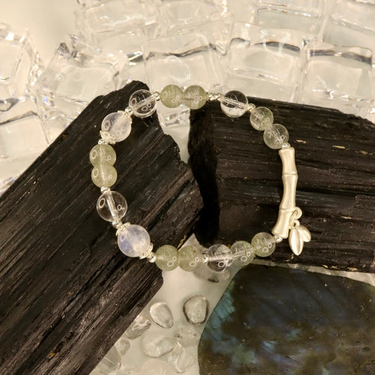 Green Phantom Quartz, Blue Moonstone & 925 Silver Bracelet - Verdant Moonlight Bamboo