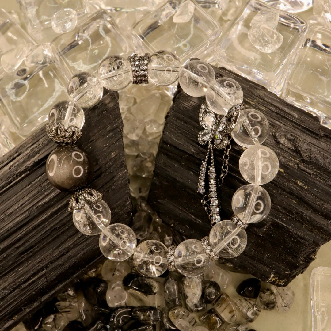 Silver Obsidian & Clear Quartz Bracelet - Celestial Mirror