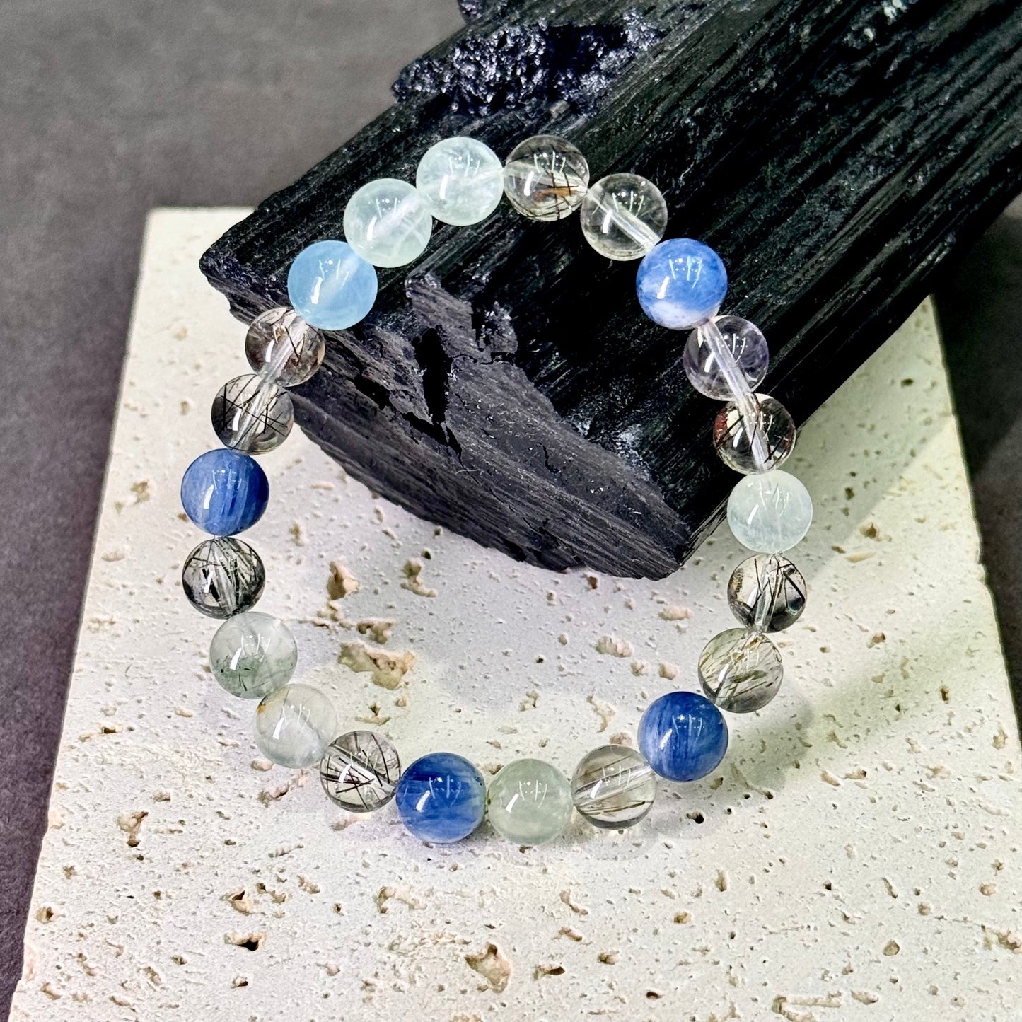 Prehnite, Kyanite, Black Rutilated & Clear Quartz Bracelet 葡萄石 黑发晶 蓝晶石 白水晶 - Celestial Balance 星澜之境