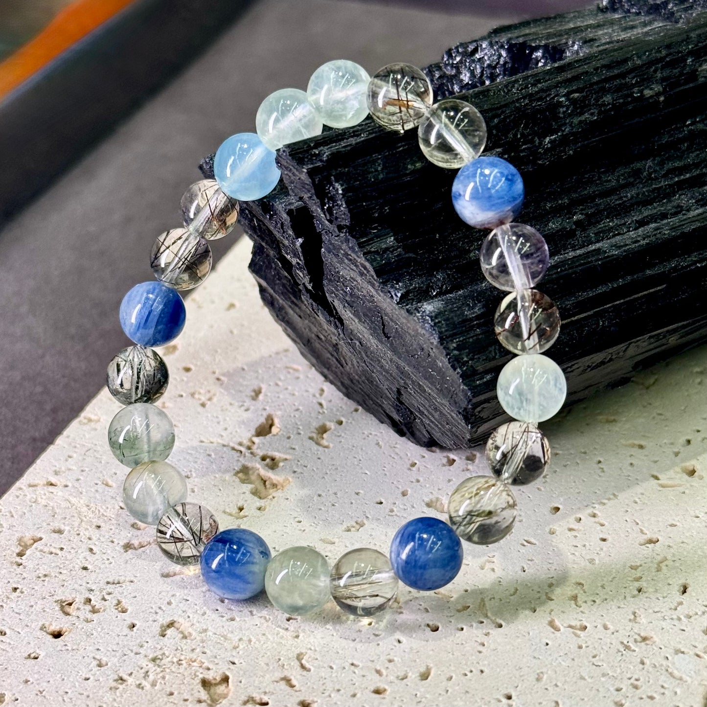 Prehnite, Kyanite, Black Rutilated & Clear Quartz Bracelet 葡萄石 黑发晶 蓝晶石 白水晶 - Celestial Balance 星澜之境