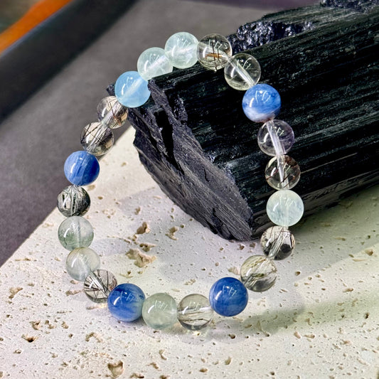 Prehnite, Kyanite, Black Rutilated & Clear Quartz Bracelet 葡萄石 黑发晶 蓝晶石 白水晶 - Celestial Balance 星澜之境