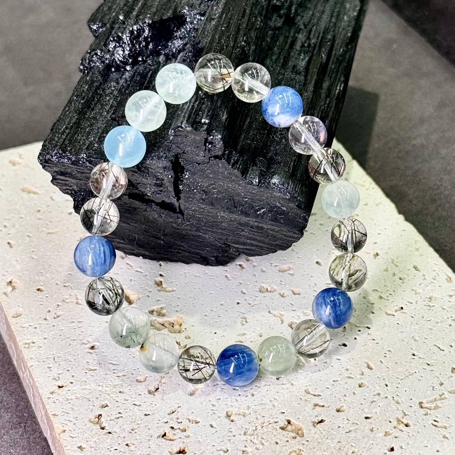 Prehnite, Kyanite, Black Rutilated & Clear Quartz Bracelet 葡萄石 黑发晶 蓝晶石 白水晶 - Celestial Balance 星澜之境