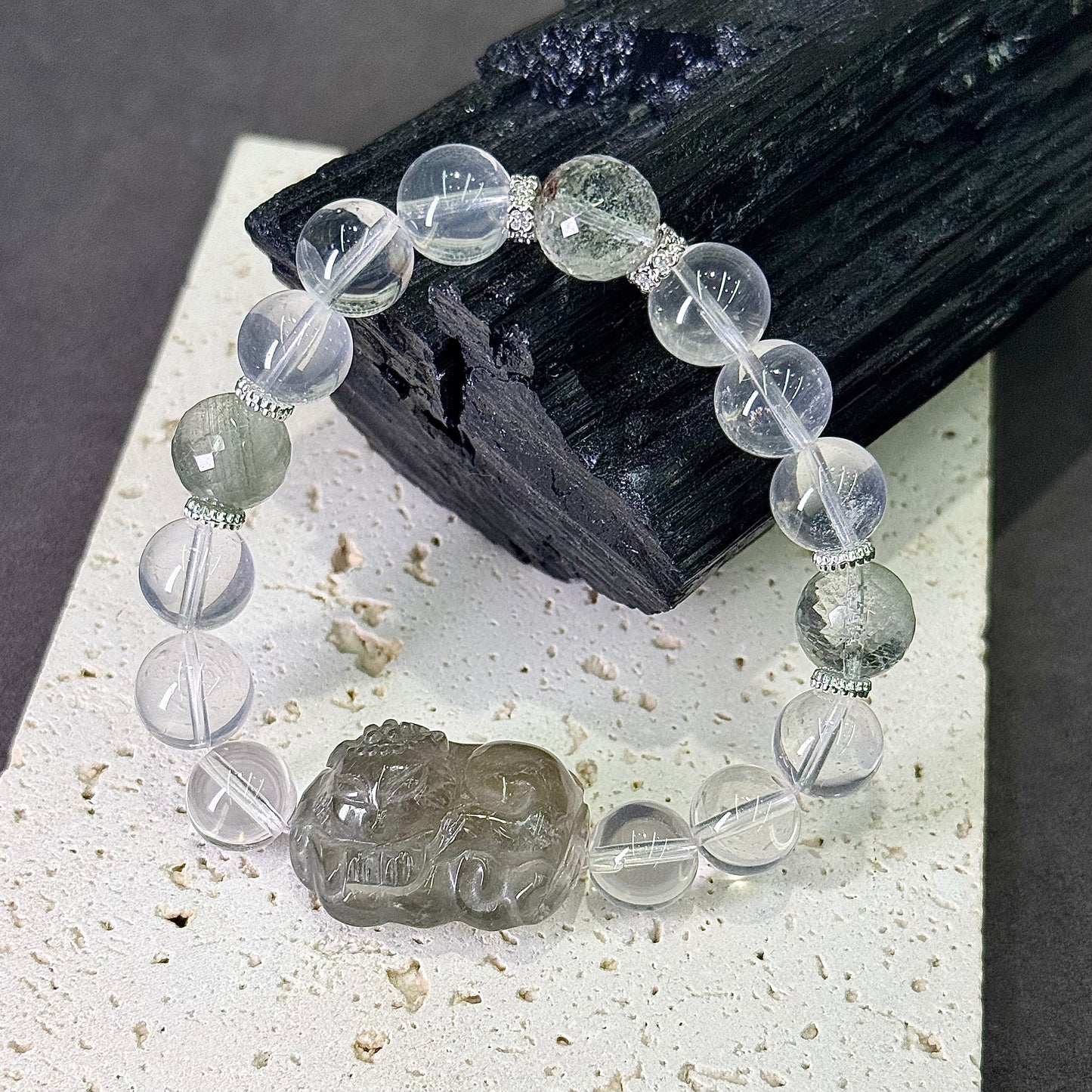 Green Crystal Fox & Green Phantom Quartz Bracelet 绿幽灵 & 绿水晶狐牌 - Forest Fortune 翠影灵狐