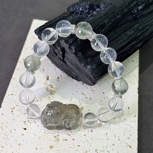 Green Crystal Fox & Green Phantom Quartz Bracelet 绿幽灵 & 绿水晶狐牌 - Forest Fortune 翠影灵狐