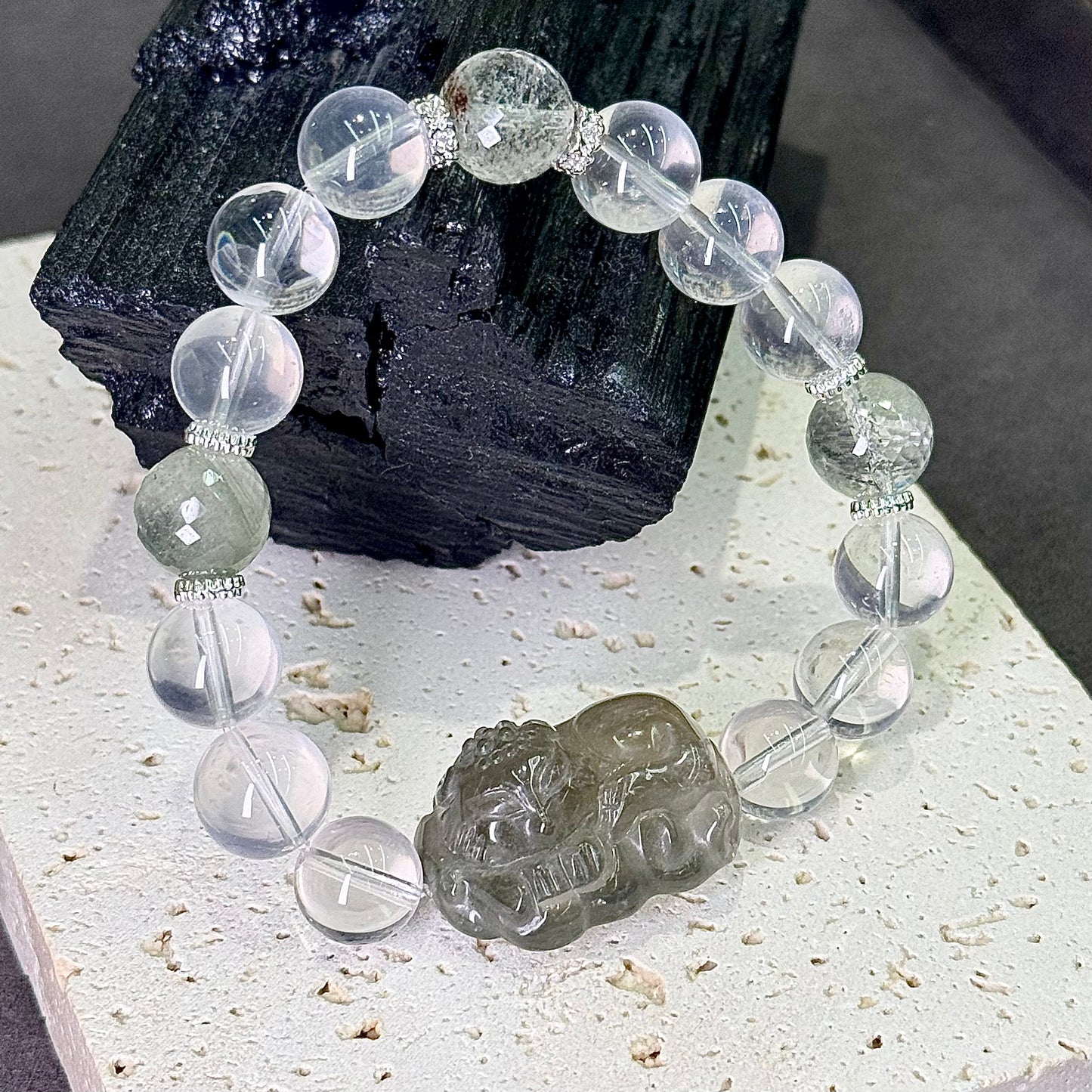 Green Crystal Fox & Green Phantom Quartz Bracelet 绿幽灵 & 绿水晶狐牌 - Forest Fortune 翠影灵狐