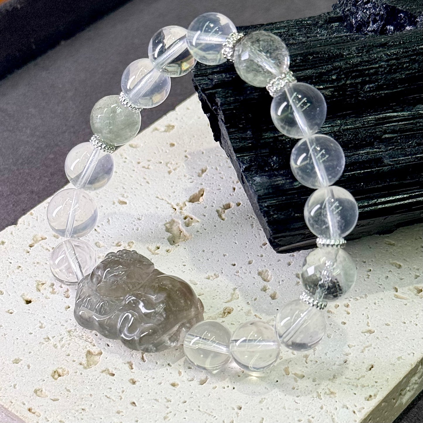 Green Crystal Fox & Green Phantom Quartz Bracelet 绿幽灵 & 绿水晶狐牌 - Forest Fortune 翠影灵狐