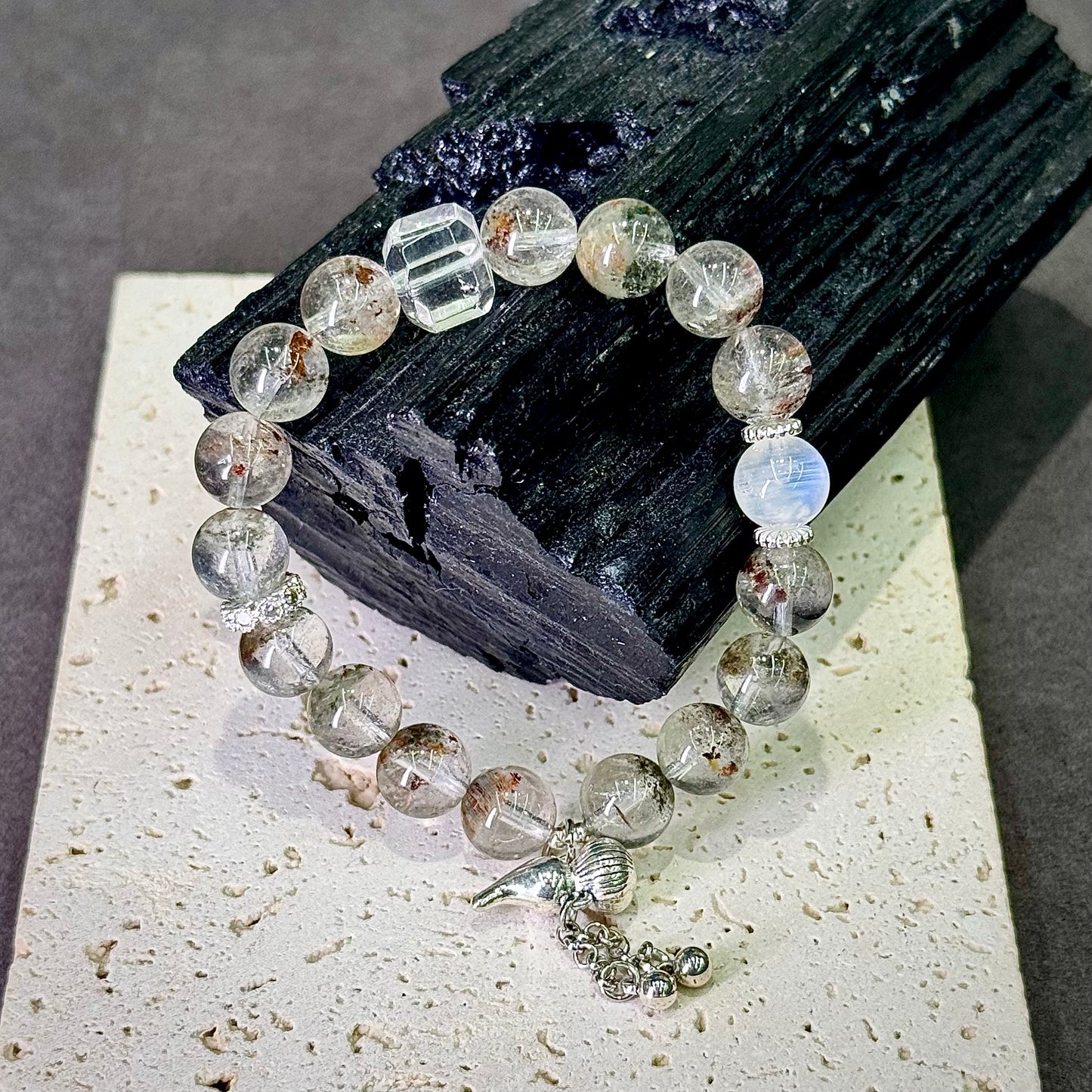 Phantom Quartz & Blue Moonstone Bracelet 幽灵水晶 蓝月光 白水晶 - Moonlit Growth 月影幽境 🌙🌿