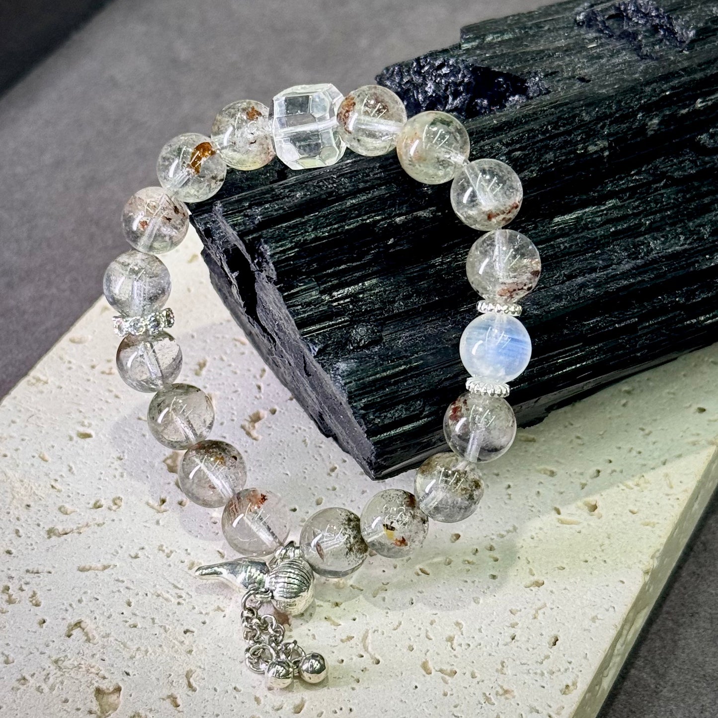 Phantom Quartz & Blue Moonstone Bracelet 幽灵水晶 蓝月光 白水晶 - Moonlit Growth 月影幽境 🌙🌿
