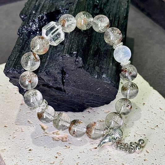 Phantom Quartz & Blue Moonstone Bracelet 幽灵水晶 蓝月光 白水晶 - Moonlit Growth 月影幽境 🌙🌿