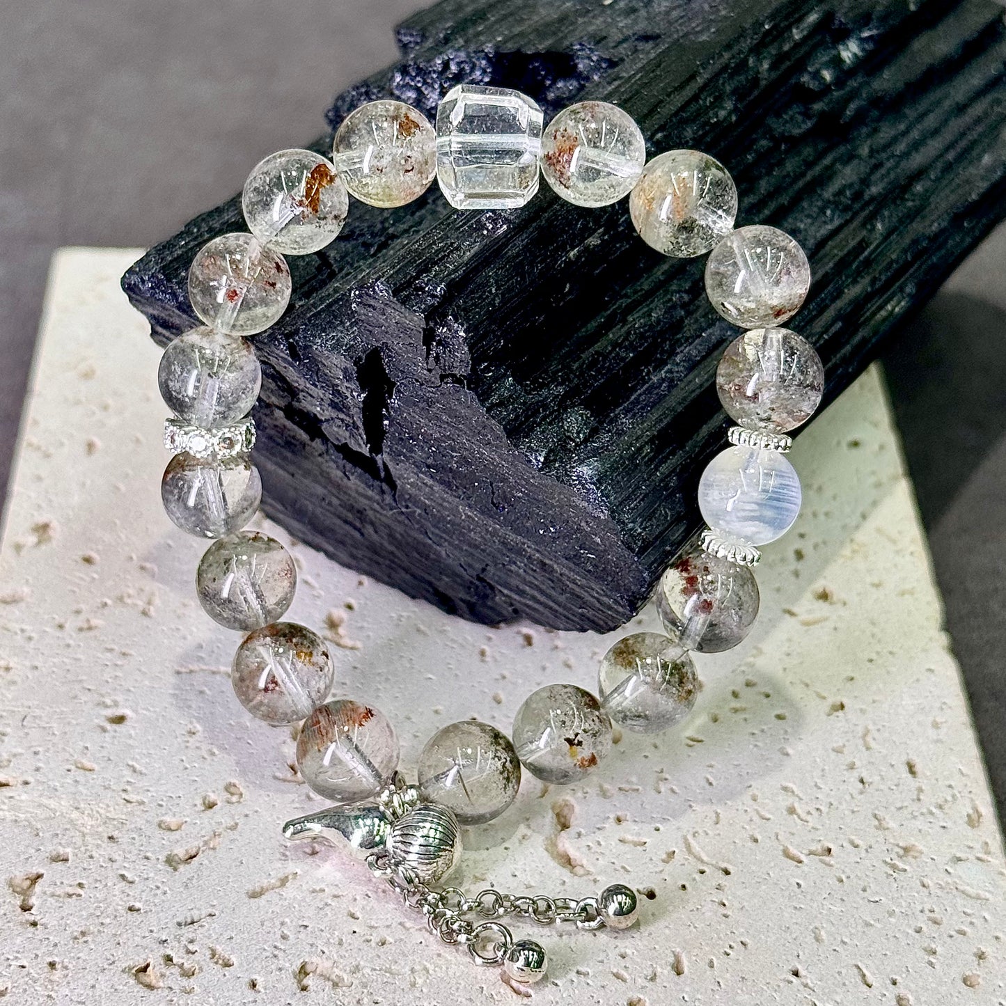 Phantom Quartz & Blue Moonstone Bracelet 幽灵水晶 蓝月光 白水晶 - Moonlit Growth 月影幽境 🌙🌿