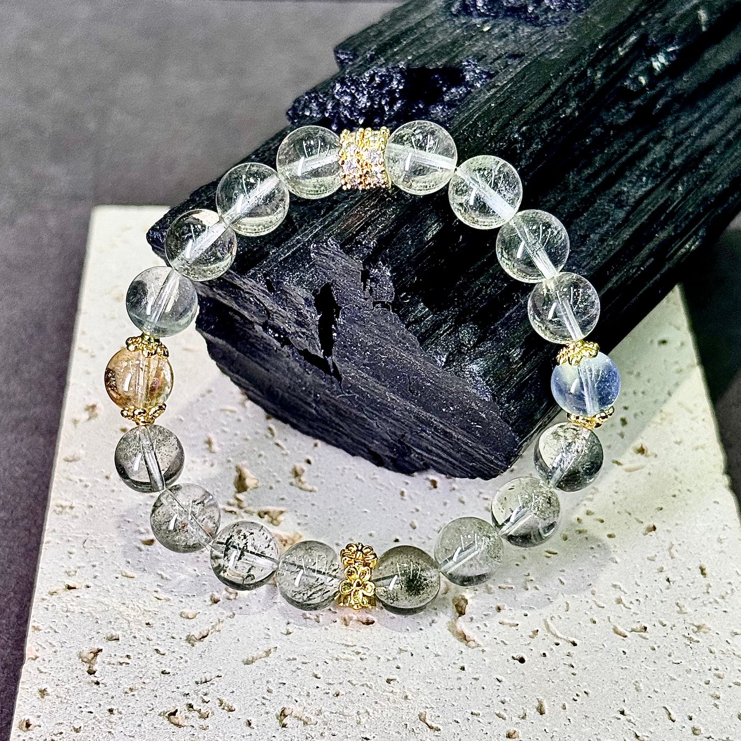 Green Phantom Quartz, Aquamarine & Citrine Bracelet 绿幽灵 海蓝宝 黄水晶 - Emerald Tide 翠澜流光 🌿🌊☀️