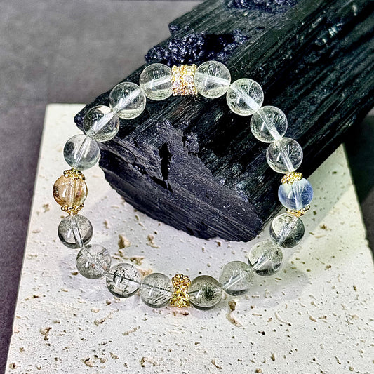 Green Phantom Quartz, Aquamarine & Citrine Bracelet 绿幽灵 海蓝宝 黄水晶 - Emerald Tide 翠澜流光 🌿🌊☀️