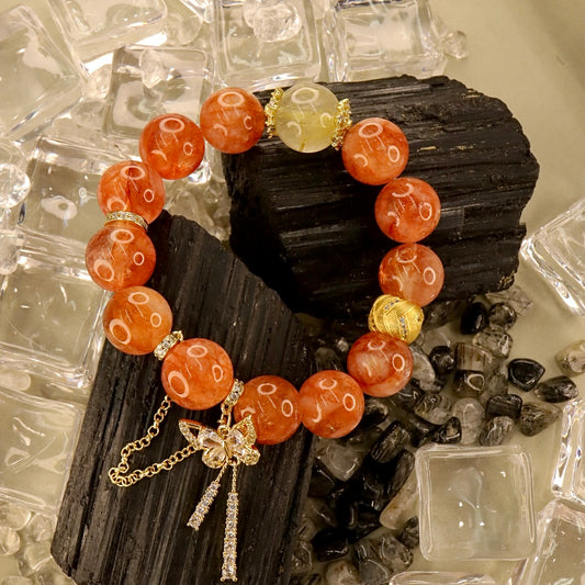 Fire Hematoid Quartz, Rutilated Quartz & Silver Bracelet - Flame for Fortune