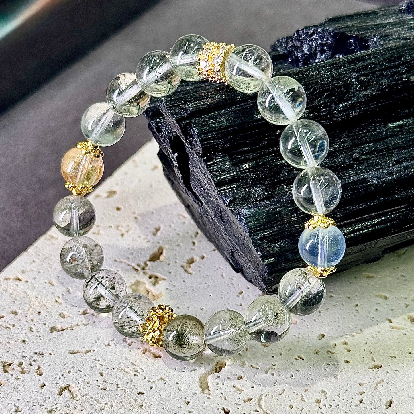 Green Phantom Quartz, Aquamarine & Citrine Bracelet 绿幽灵 海蓝宝 黄水晶 - Emerald Tide 翠澜流光 🌿🌊☀️